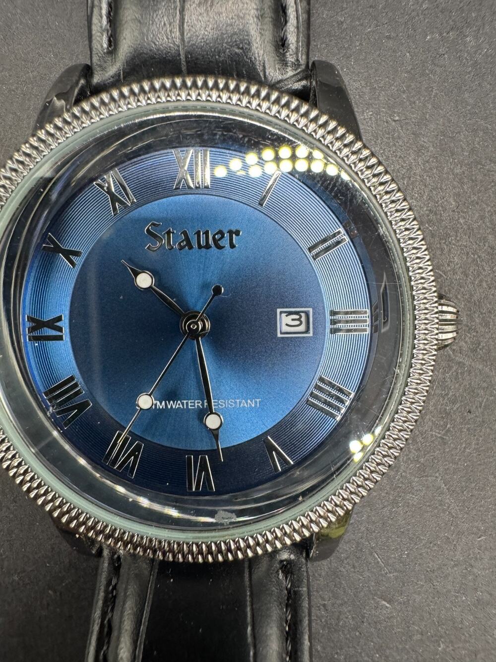 Stauer Men's Watch 43mm Urban Blue Dial Black Leather Band 28997